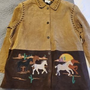 The Quaker Factory - Tan Suede Leather Jacket Embroidered Horses Size 2X